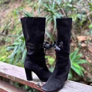 Miu Miu Black Heeled Boots with Bow Detail